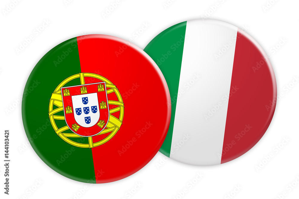 News Concept: Portugal Flag Button On Italy Flag Button, 3d illustration on white background