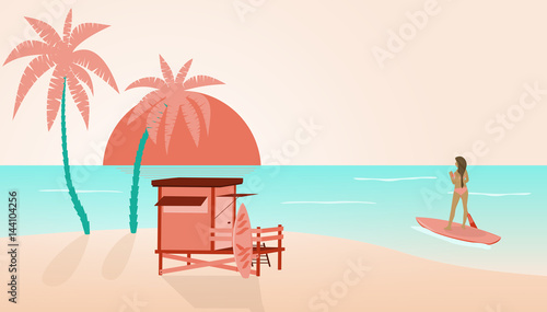 Summer at the beach. Cabin and palms and a girl in bikini doing stand up paddle with surfboard in the ocean.