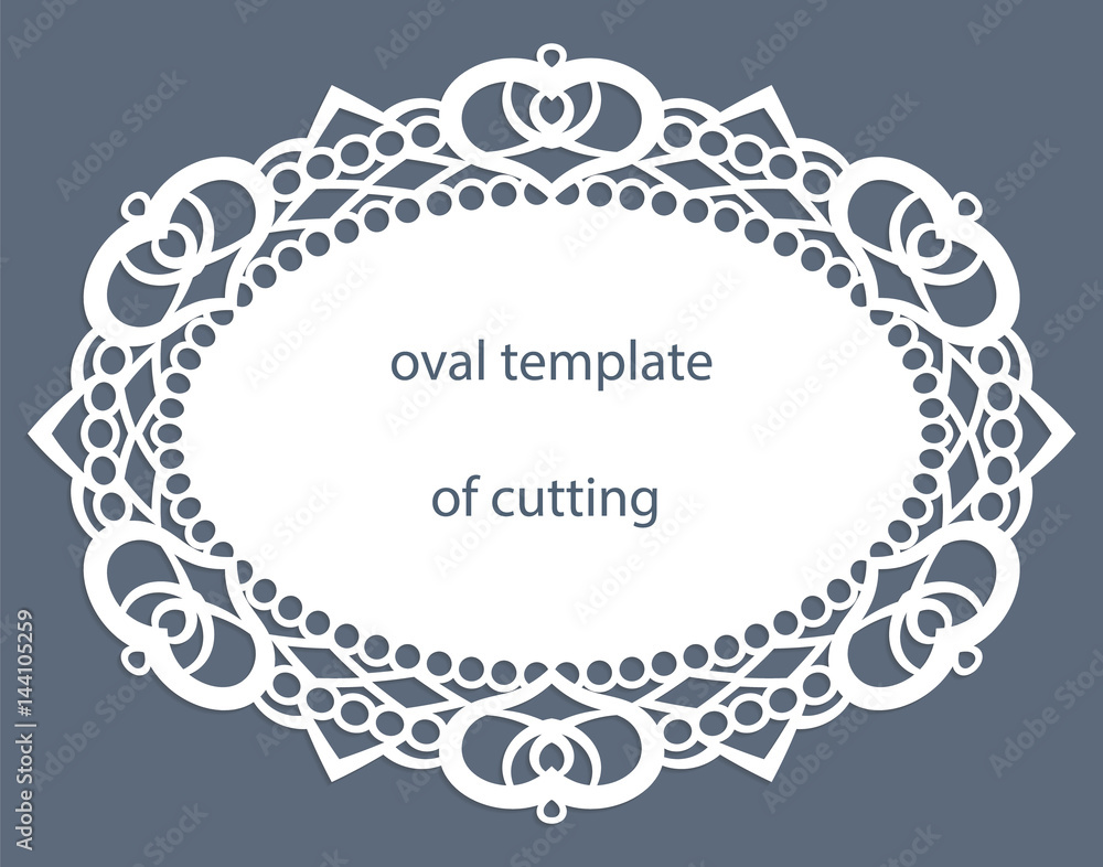 Greeting card with openwork oval border, paper doily under the cake, template for cutting, wedding invitation, decorative plate is laser cut, vector illustrations. Greeting card with openwork oval border, paper doily under the cake, template for cutting, wedding invitation, decorative plate is laser cut, vector illustrations.