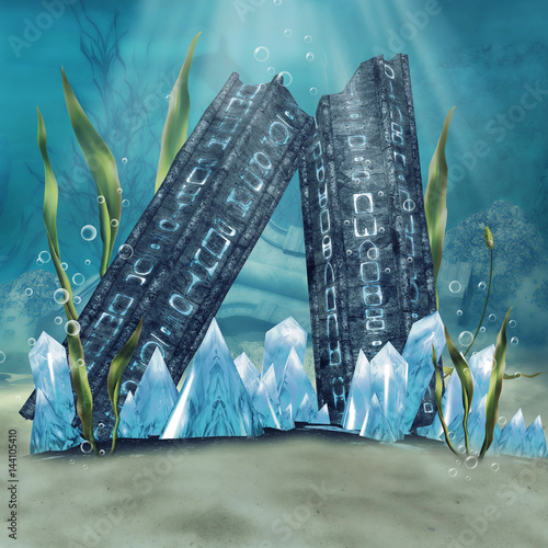 Ruiny bramy z tajemniczymi znakami i niebieskimi kryształami pod wodą