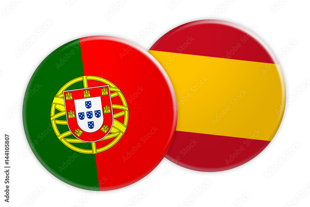News Concept: Portugal Flag Button On Spain Flag Button, 3d illustration on white background News Concept: Portugal Flag Button On Spain Flag Button, 3d illustration on white background