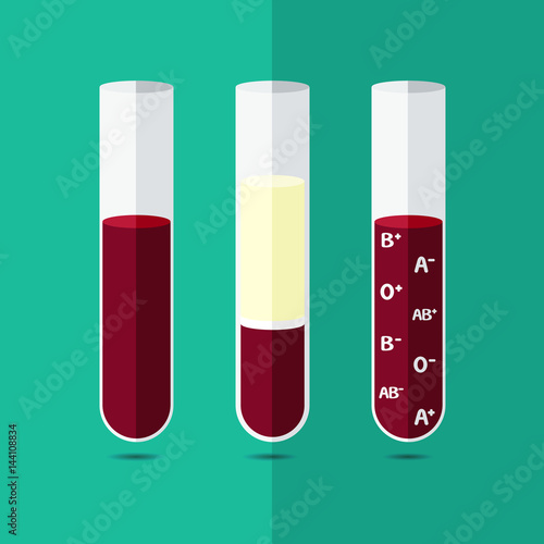 Collection of test-tubes with red liquid. Blood composition. Blood types.