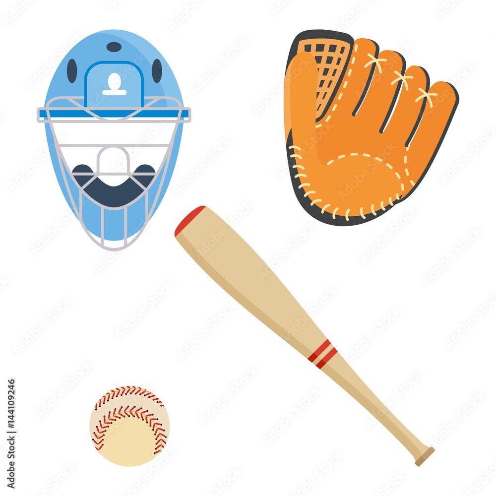 Baseball equipment set. Bat, ball, softball gloves, batting helmets. Flat  vector cartoon illustration. Objects isolated on a white background. Stock  Vector | Adobe Stock