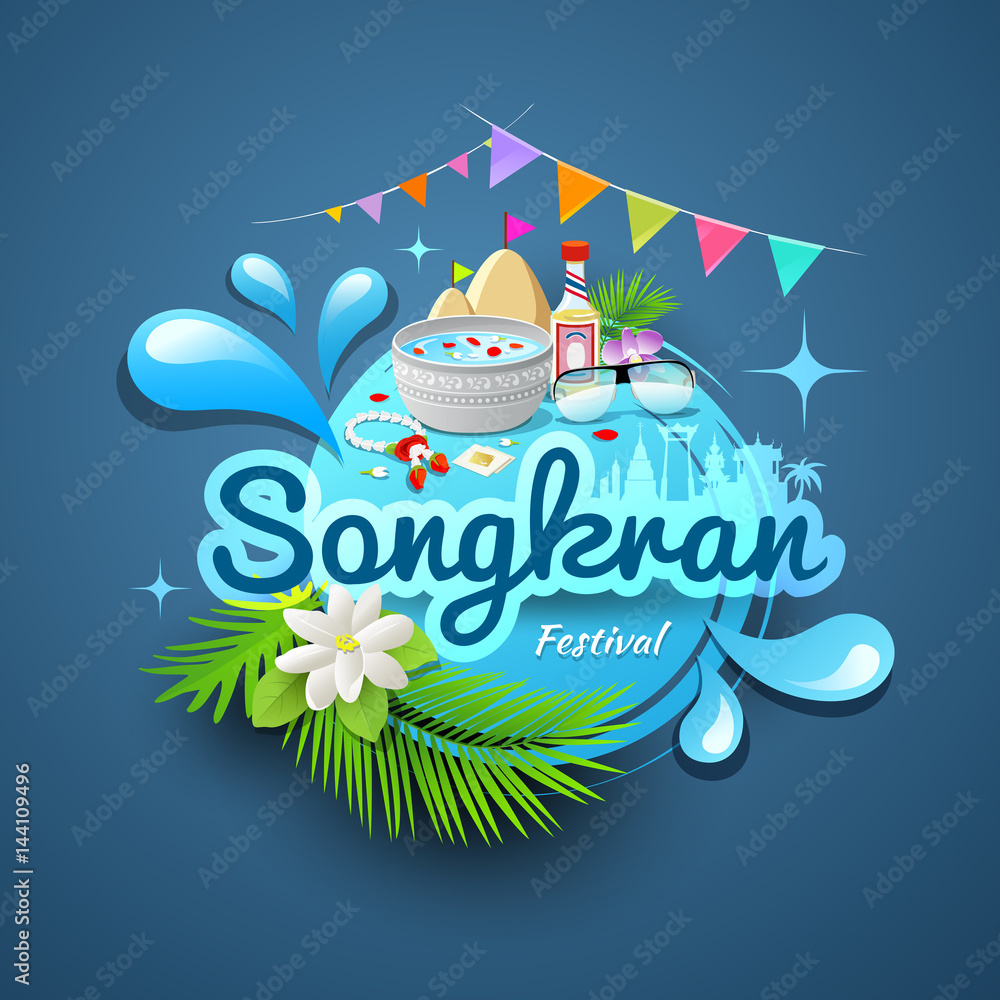 Songkran Festival Of Thailand Logo Design Concept Water Background
