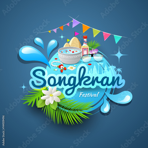 Songkran festival of Thailand logo design concept water background, vector illustration