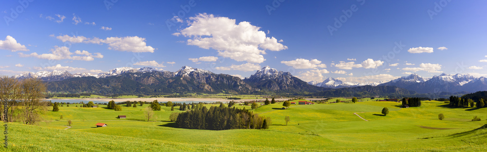 Panorama der Alpen im Allgäu mit Forggensee und Säuling