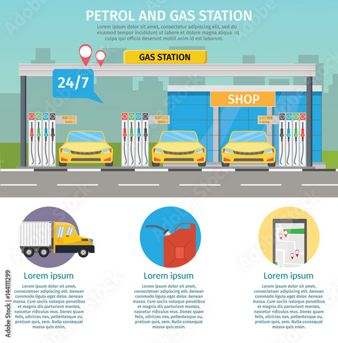 Gas filling station Vector flat illustration of oil service with shop infographics elements and background
