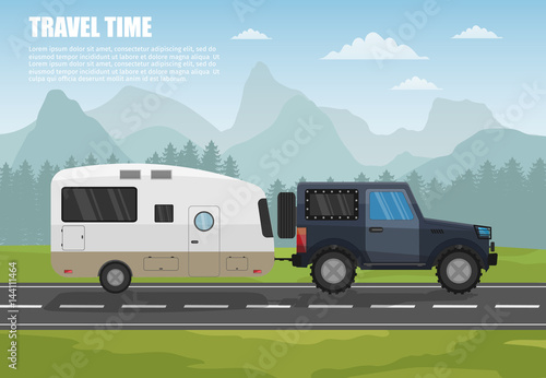 Travel camper trailer outdoor with mountains colorful vector flat banners and tourism banner set.