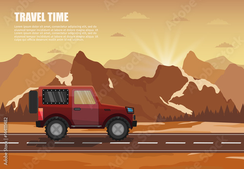 Travel camper trailer outdoor with mountains colorful vector flat banners and tourism banner set.