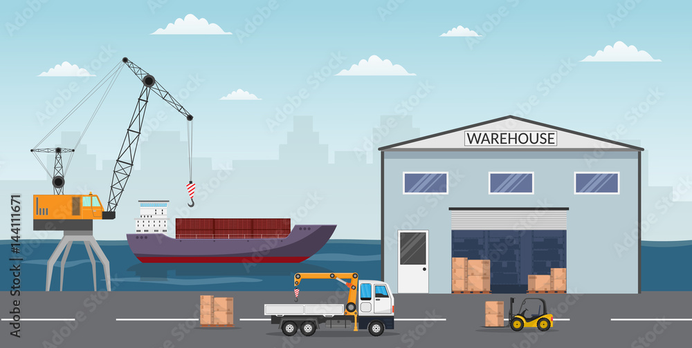 Warehouse interior of storage vector set with shipping delivery, roof and lamps flat illustration Logistic concept export truck