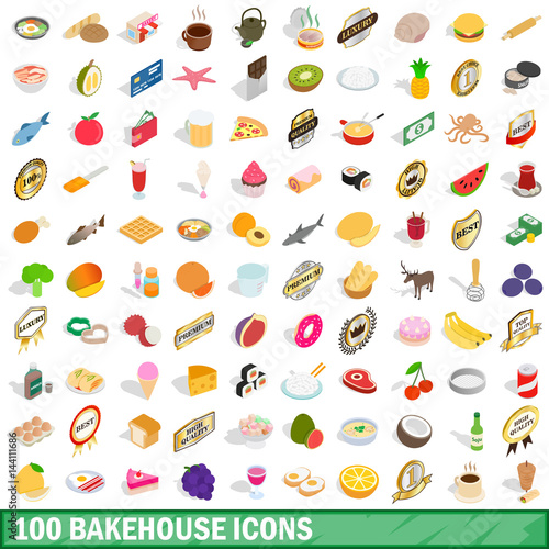 100 bakehouse icons set, isometric 3d style