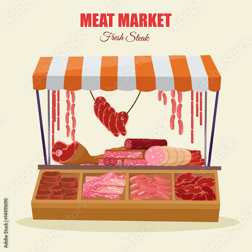 Meat market farm Butcher Shop modern flat cartoon vector illustration background infographics