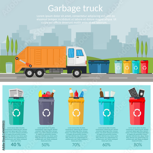 Garbage sorting bins infographic recycling concept ship the trash Ecology city flat background of set