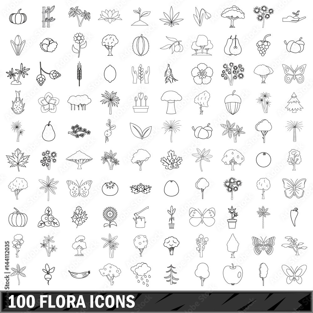 100 flora icons set, outline style