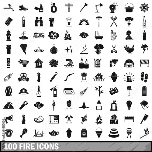 100 fire icons set, simple style 