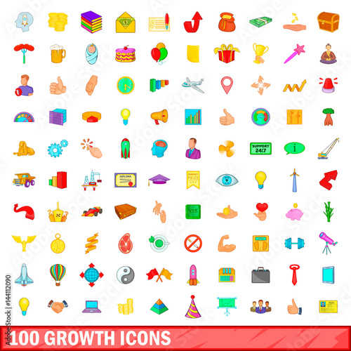 100 growth icons set, cartoon style