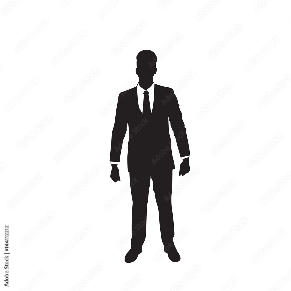 Business Man Black Silhouette Standing Full Length Over White Background Flat Vector Illustration
