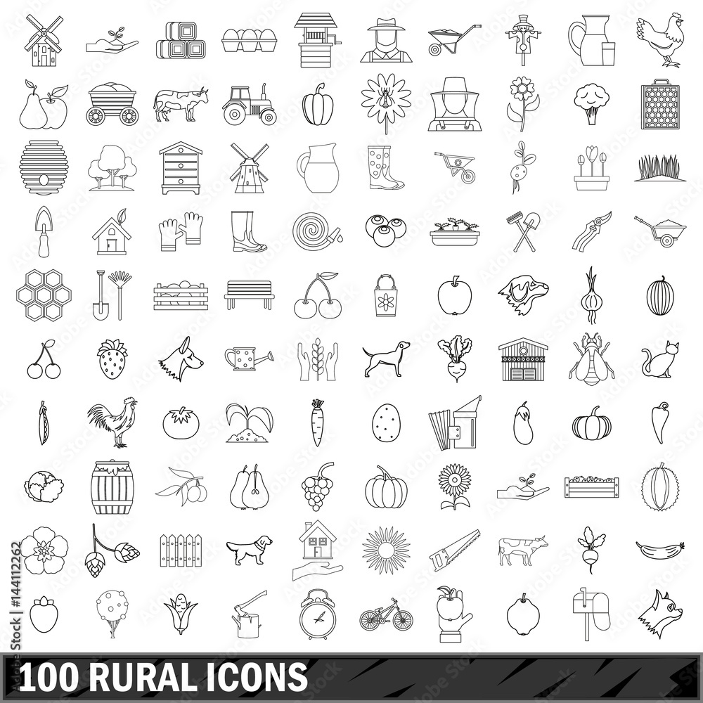 100 rural icons set, outline style 100 rural icons set, outline style