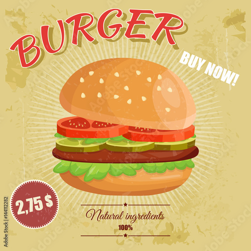 Colorful retro vintage cartoon poster of fast food vector with hamburger.