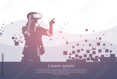 Silhouette Business Man Wear Virtual Reality Digital Glasses Digital Interface Screen Flat Vector Illustration