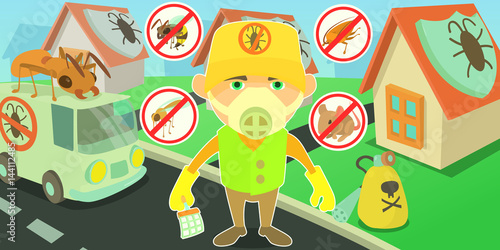Pest control horizontal banner, cartoon style