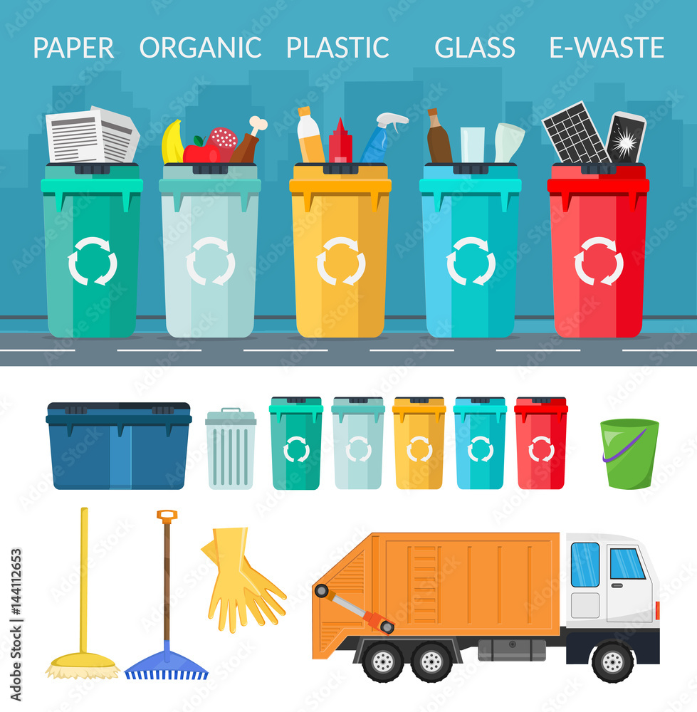 Garbage sorting bins infographic recycling concept ship the trash Ecology  city flat background of set Stock Vector
