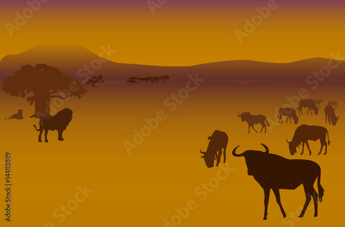 Silhouettes of herd of antelopes and lions in savanna