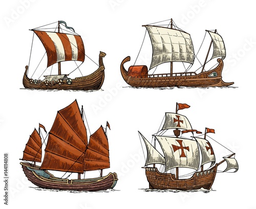 Trireme, caravel, drakkar, junk. Set sailing ships floating sea waves.