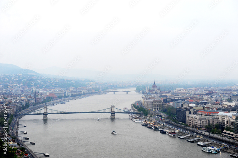 View of Budapest city and river Chain bridge Budapest Hungary from above