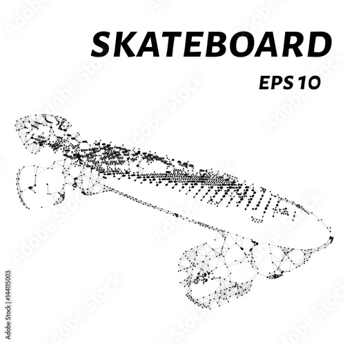 The skateboard is made of points, lines and triangles. The polygon shape in the form of a silhouette of a skateboard on a white background. Vector illustration.