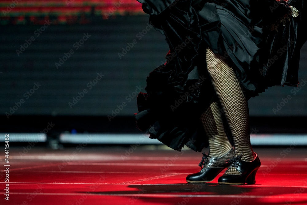 Woman legs dance flamenco black skirt and shoes for print - obrazy, fototapety, plakaty 