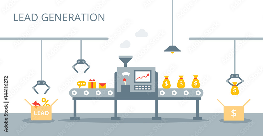 Process of leads production on the conveyor belt. Marketing concept in flat style. Lead generation vector concept.