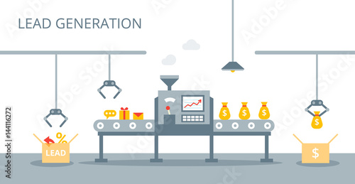 Process of leads production on the conveyor belt. Marketing concept in flat style. Lead generation vector concept.
