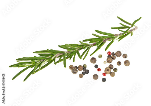 Rosemary and peppercorns isolated on a white background