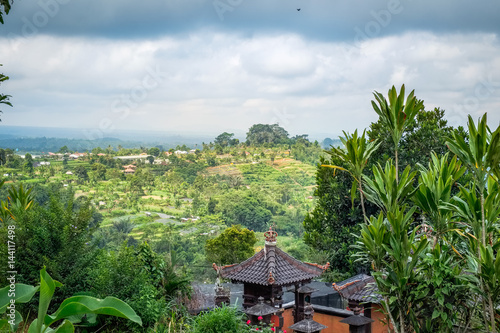 Above green terraced rice field and traditional rural architecture of Bali island. South East Asia mountain landscape, travel background photography. Amazing tropical nature of Indonesia.