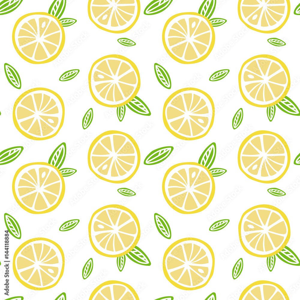fruit lemon with green leaves on a white background pattern seamless vector