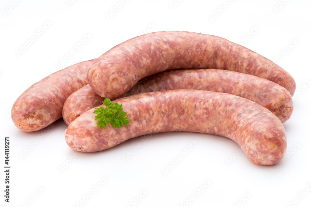 Raw sausage with parsley leaf isolated on white background. Raw sausage with parsley leaf isolated on white background.