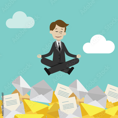 Businessman or manager has a lot of emails but keep calm doing yoga in lotus pose. Job is finished successfull.