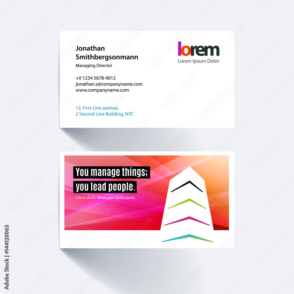 Vector business card template with colourful building shapes for
