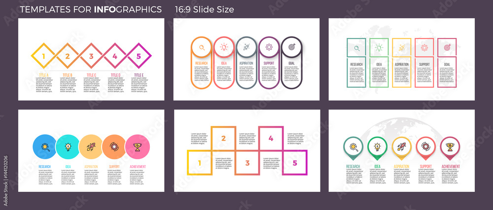 Business infographics. Presentation templates with 5 steps, options. Vector infographic arrows, flowcharts, diagrams, pie charts.