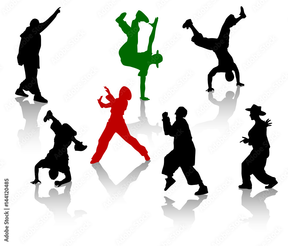 Silhouettes of streetdancers teens. Hiphop and breakdancing.