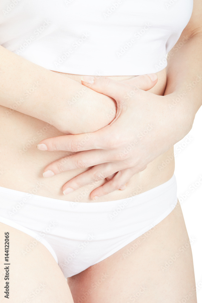 Woman with stomachache or menstrual pain isolated on white, clipping path