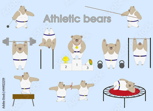 Cute athletic bears doing sports. Childrens vector illustration.