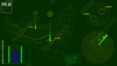 Radar screen with planet, map, targets and futuristic user interface HUD. Green infographic elements. Vector illustration.