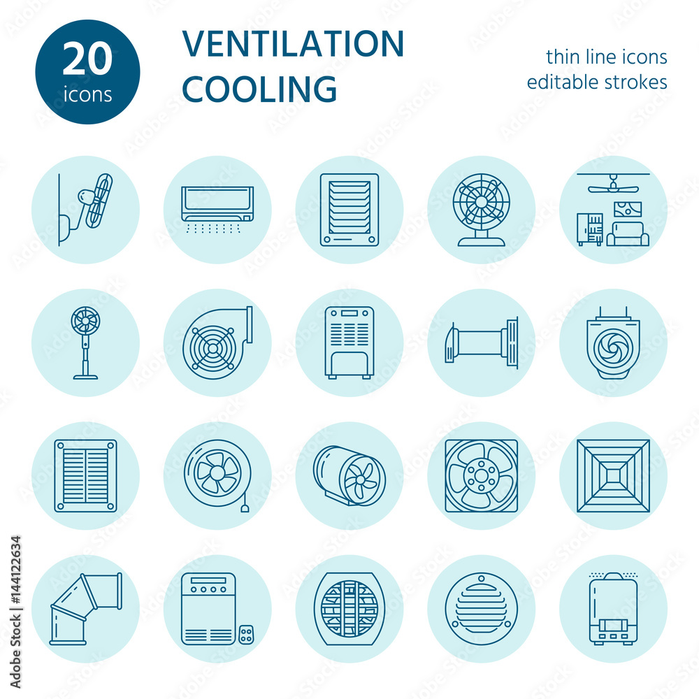 Ventilation equipment line icons. Air conditioning, cooling appliances, exhaust fan. Household and industrial ventilator thin linear signs for store. Ventilation equipment line icons. Air conditioning, cooling appliances, exhaust fan. Household and industrial ventilator thin linear signs for store.