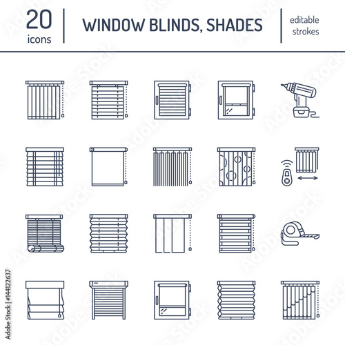 Window blinds, shades line icons. Various room darkening decoration, roller shutters, roman curtains, horizontal and vertical jalousie. Interior design thin linear signs for house decor shop.