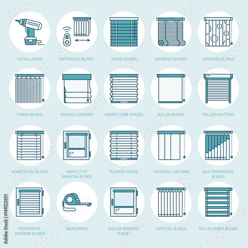 Window blinds, shades line icons. Various room darkening decoration, roller shutters, roman curtains, horizontal and vertical jalousie. Interior design thin linear colored signs for house decor shop.