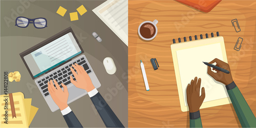 Flat design top view on desk concept Design, Writing on letter. Workplace with typewriter. Flat design. blogging illustration.