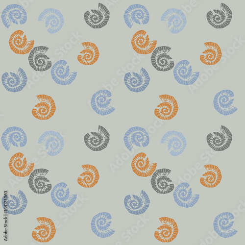 Decorative pattern of snail shell, freshwater river pearl mussels, mollusks on yellow background