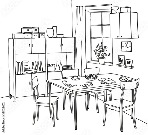Interior hand-drawn sketch. Kitchen with a table, tableware, four chairs, window, cupboard.